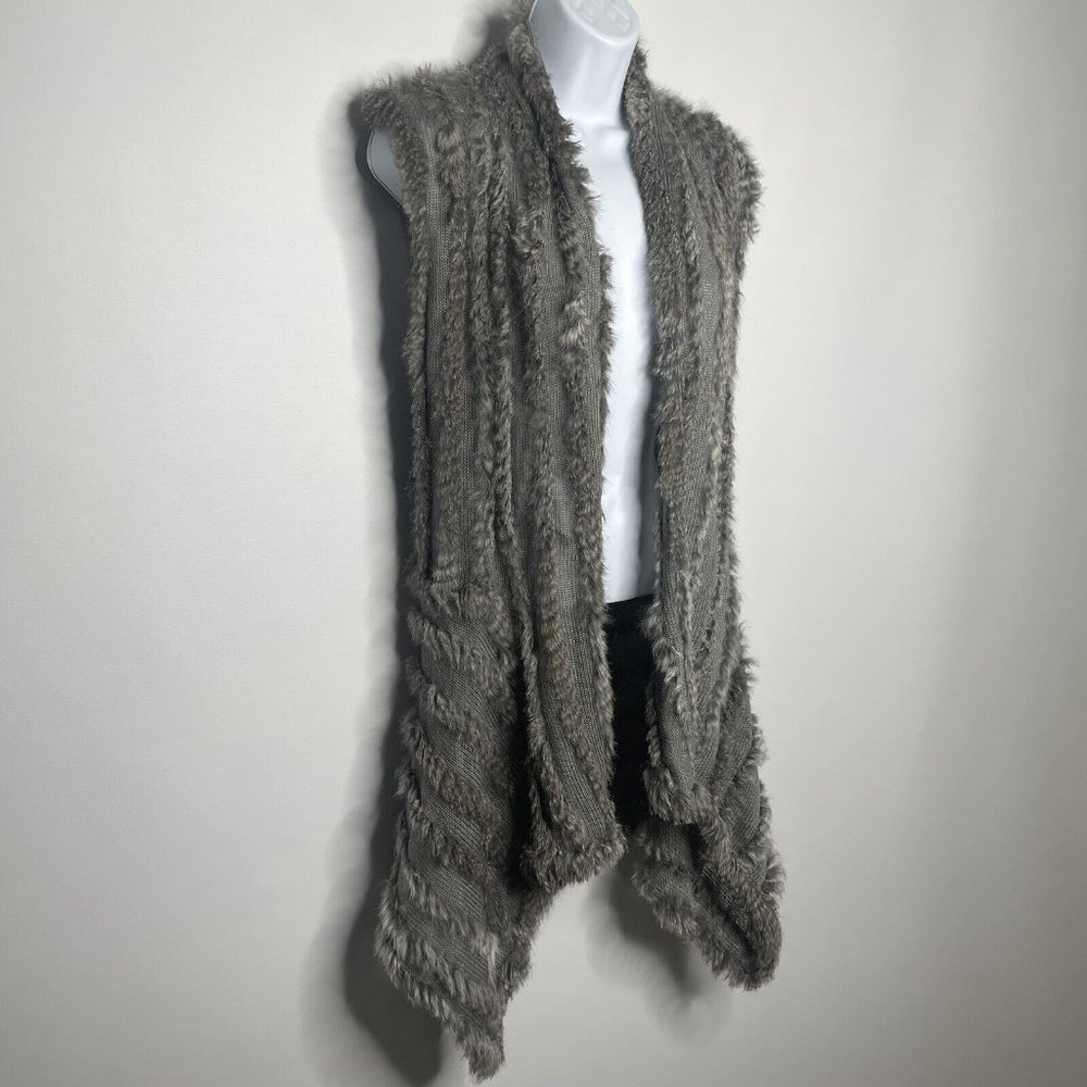 💜 3/$30 Gray Knit Angora Rabbit Fur Asymmetric Open Front Cardigan Sweater - Picture 3 of 8